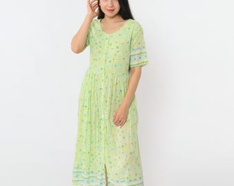 90s Lime Green Floral Dress Vintage Light Cotton Summer Button Up Dress Flower Print Midi Short Sleeve Grunge High Waist 1990s Medium Large