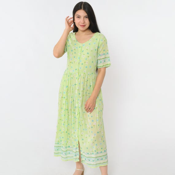 90s Lime Green Floral Dress Vintage Light Cotton Summer Button Up Dress Flower Print Midi Short Sleeve Grunge High Waist 1990s Medium Large