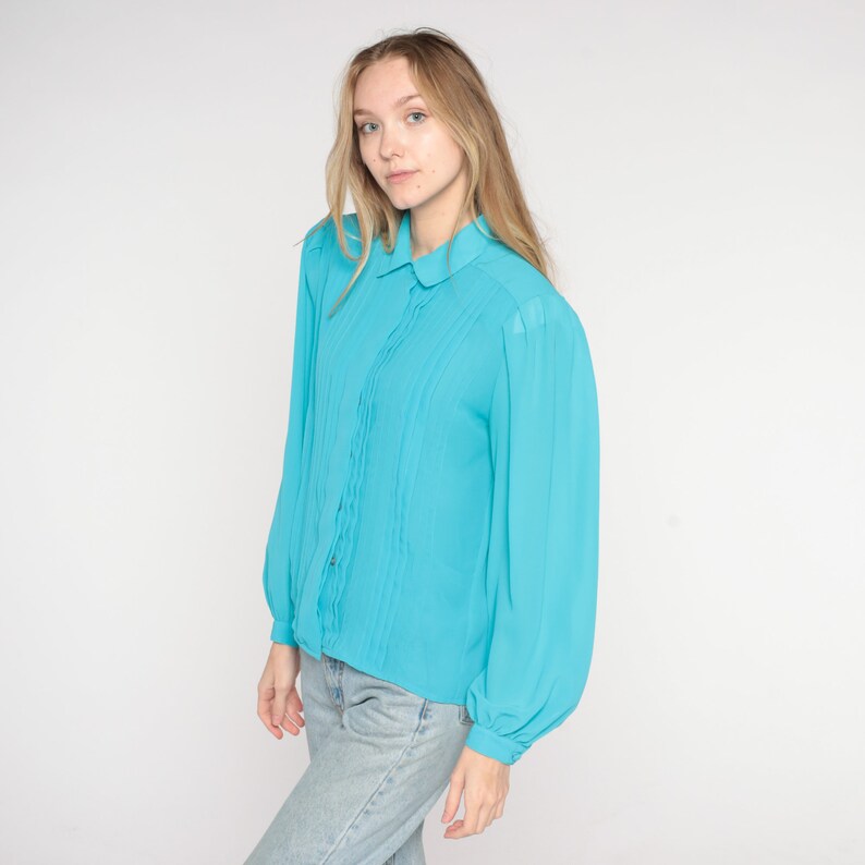 Blue Pleated Blouse 80s Secretary Top Long Puff Sleeve Collared Shirt Retro Boho Hidden Button Up Classic Basic Chic Vintage 1980s Medium 8 image 4