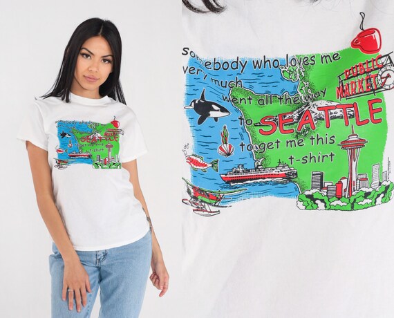 Seattle T-Shirt Y2k Somebody Loves Me T Shirt Washington Graphic Tee Retro Tourist TShirt Travel Top PNW City USA White Vintage 00s Small S
