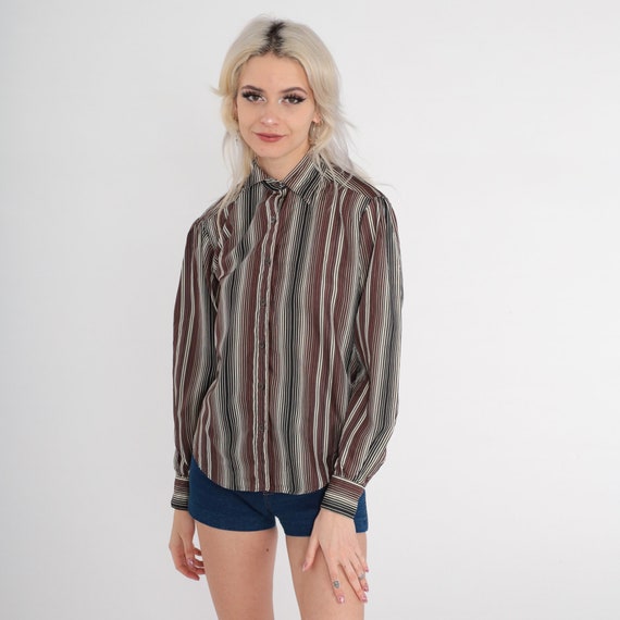 Brown Striped Blouse 70s Puff Sleeve Shirt Button Up Top Preppy Black Seventies Secretary Blouse Vintage 1970s Long Sleeve Extra Small xs