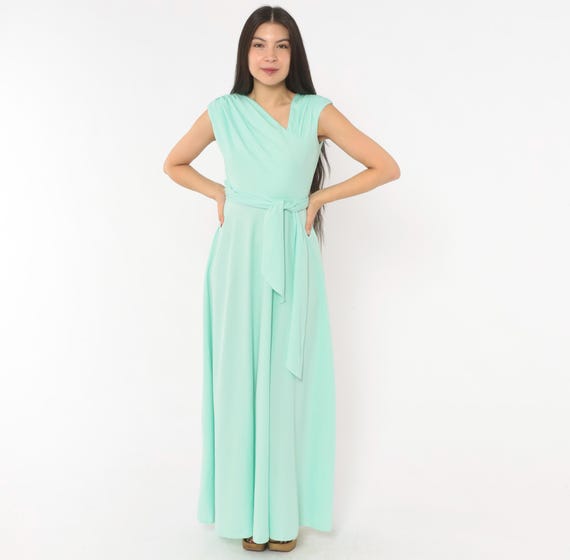 Mint Green 70s Maxi Dress Cap Sleeve Faux Wrap V Neck Sash Waist Tie Belt Floor Length Gown Bridesmaid Seafoam Vintage Small S