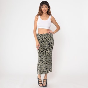 Leoparden Muster Maxi Rock 90er Impressionen High Waist Lang Länge Seitenschlitz Stretch Polyester Spandex Animal Print Clubwear Small S