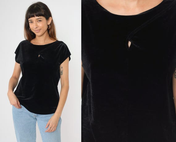 Y2K Black Velvet Top Cutout Short Sleeve Top Stretch Velvet Blouse