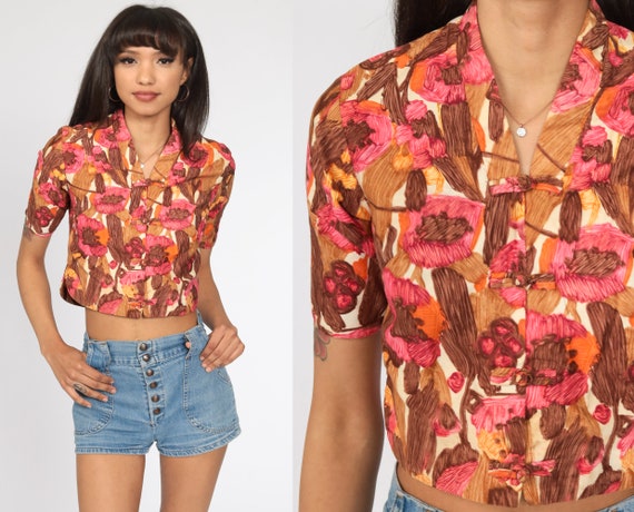 Floral Blouse 70s Boho Crop Top Button Up Shirt Bohemian Brown Pink 1970s Vintage Boho Hippie Romantic Short Sleeve Extra Small xs