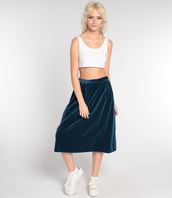Blue Velvet Skirt Pencil Skirt 80s High Waisted Pleated Midi 1980s Party Skirt Gothic Retro Vintage High Waist Dark Blue Small 6