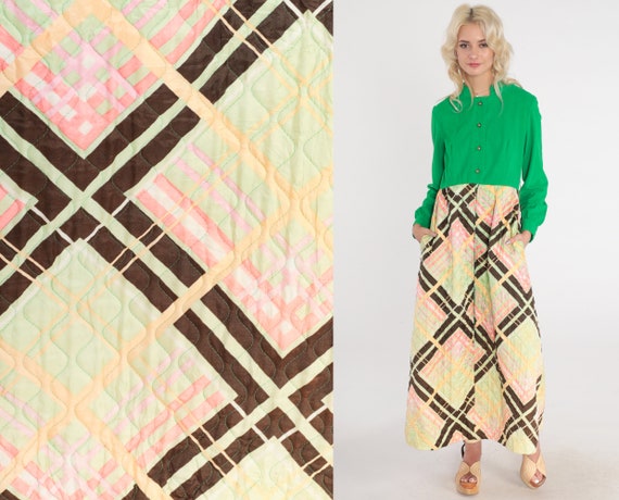 70s Maxi Dress Green Checkered Dress Quilted Skir… - image 1