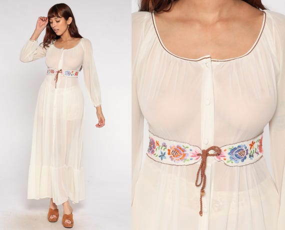 70s Sheer Nightie Renaissance Medieval Revival Inspired Maxi Dress Gossard Artemis Prairie Peasant Floral Embroidered Waist Belt Small S