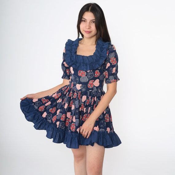 70s Heart Print Dress Prairie Country Dance Dress Blue Red Puff Sleeve Mini Bandana Western Cottagecore Folk Boho Vintage Bohemian Small