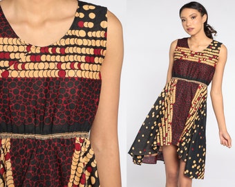 Geometric Print Dress Mini Y2K Babydoll Dress 00s Vintage Boho Sleeveless Dress Empire Waist Black Tan Red Small xs s