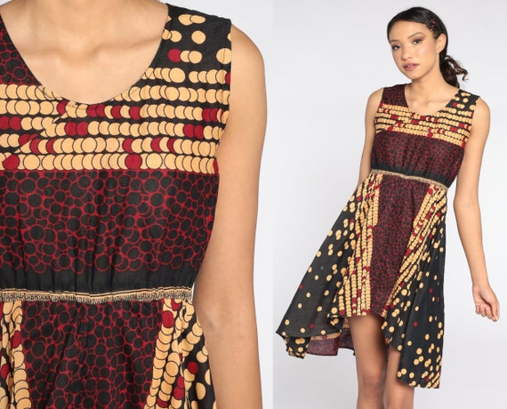 Geometric Print Dress Mini Y2K Babydoll Dress 00s Vintage Boho Sleeveless Dress Empire Waist Black Tan Red Small xs s