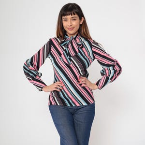 Vintage Striped Ascot Shirt 70s Secretary Blouse Pink Blue Black Long Sleeve Top 1970s Bow Neck Top Button Up Long Sleeve Shirt Small S