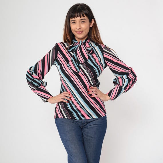Vintage Striped Ascot Shirt 70s Secretary Blouse Pink Blue Black Long Sleeve Top 1970s Bow Neck Top Button Up Long Sleeve Shirt Small S