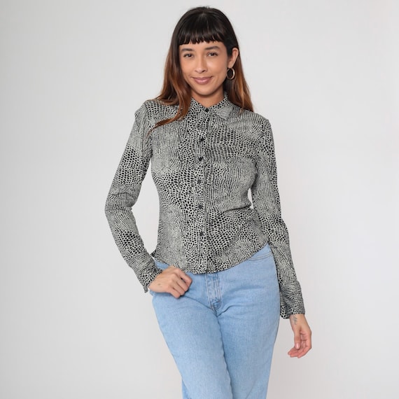 Y2K Alligator Print Shirt Black White Animal Pattern Button Up Long Sleeve Collared Top Fitted Blouse Stretch Club Party Extra Small XS