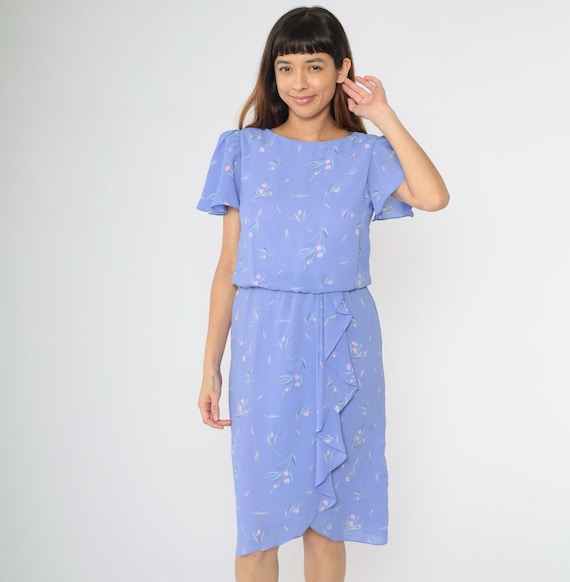 Vintage 80s Floral Ruffle Dress Lavender Midi Flutter Sleeves Wrap Detail Summer Boho Cottagecore Romantic 1980s Retro Blouson Small S