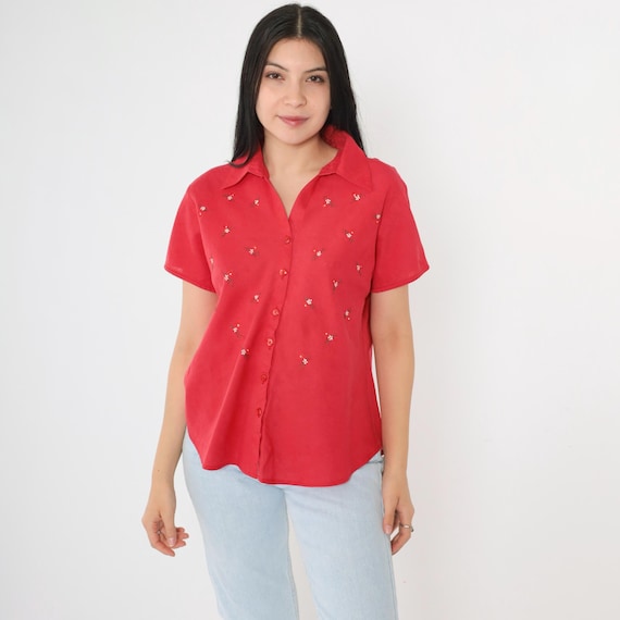 Banana Republic Embroidered Blouse Vintage 90s Red Floral Top Button Up Shirt Short Sleeve Collared Blouse 1990s Large L