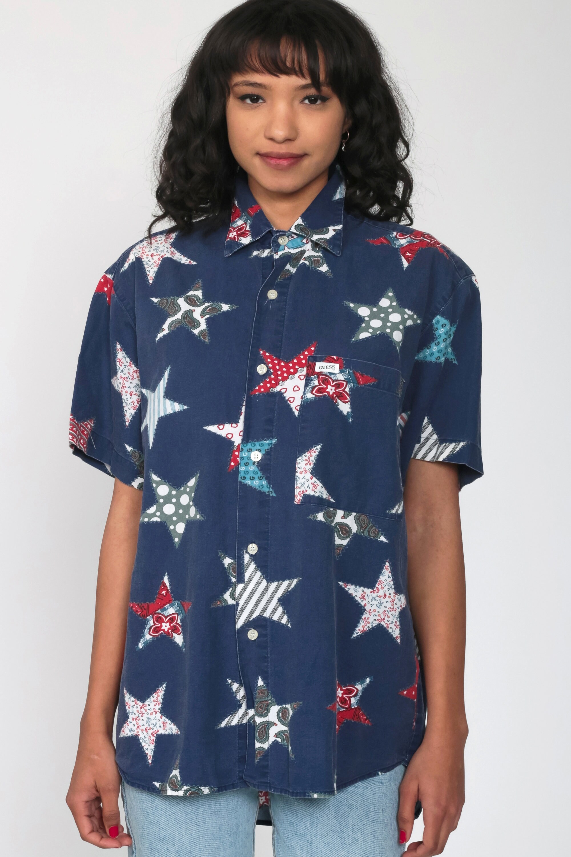 Guess Shirt 90s Star Shirt Blue Patchwork Shirt Button Up Blouse