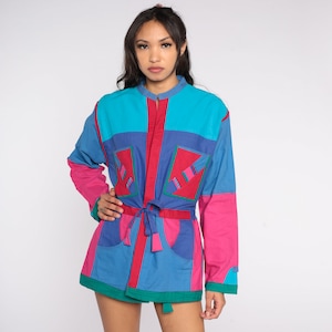 Bright Reversible Jacket 90s Color Block Open Front Jacket Tie Belt Retro Pink Turquoise Blue Summer Convertible Vintage 1990s Medium M