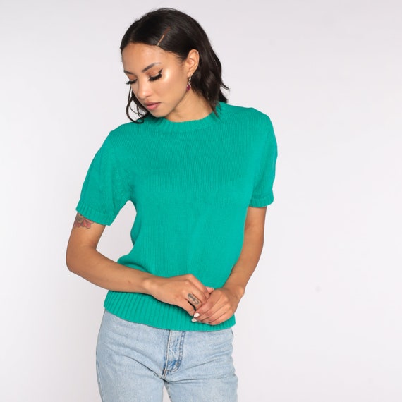 Green Knit Shirt 90s Cotton Knit Top Short Sleeve… - image 3