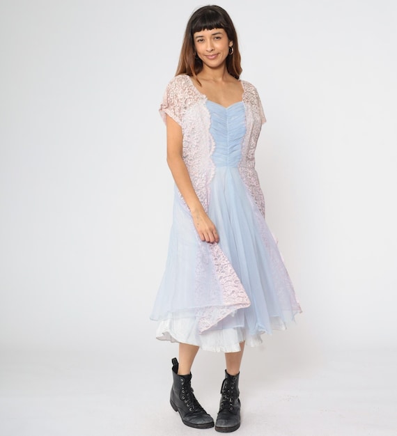 60s Chiffon Lace Dress Blue Pink Party Dress Rhinestone Midi Cocktail High Waisted Formal Evening Short Sleeve Vintage 1960s Large L