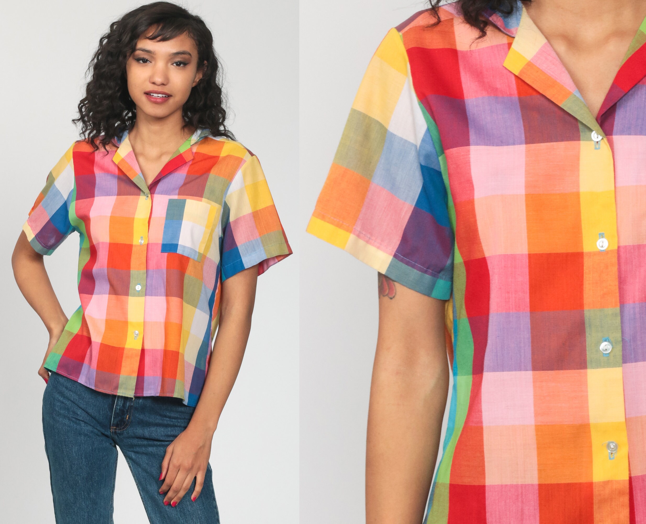 80s Plaid Shirt RAINBOW Checkered Shirt 