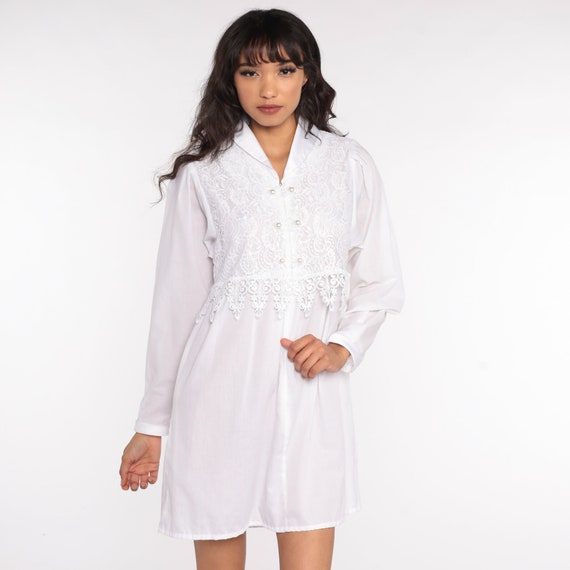 White Lace Dress 80s Mini Puff Sleeve Covenant Baptism Dress Party 1980s Boho Vintage Long Sleeve Minidress Extra Small xs
