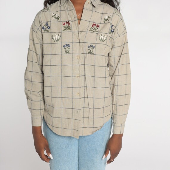 Checkered Floral Blouse 90s Embroidered Button Up… - image 8