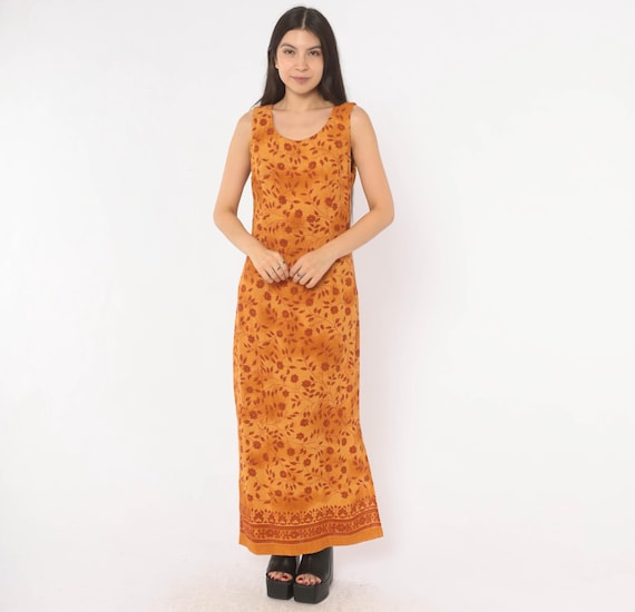 90s Floral Maxi Dress Mustard Amber Sleeveless Side Slit Shift Botanical Vine Print Cottagecore Summer Vacation Tank Gold Rust Medium M