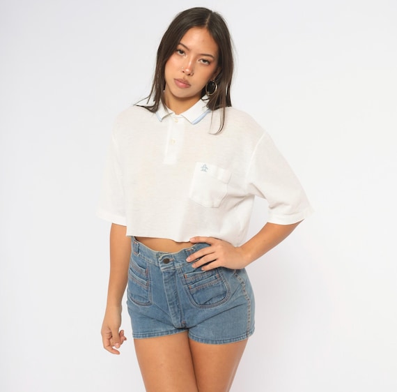 80s Grand Slam Cropped Polo Shirt White Blue Tipped Collar Boxy Short Sleeve Button Front Crop Top Preppy Tennis Golf Shirt Vintage Medium M