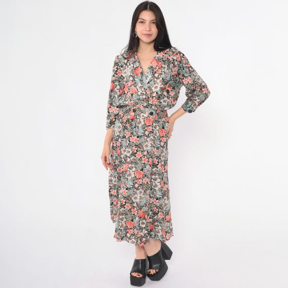 Vintage 80s Floral Day Dress Faux Wrap V Neck Midi Boho Romantic 1980s High Elastic Waist Puff Sleeve Red Blue Sage Grey Retro Medium M