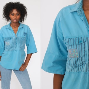 Blue Tropical Shirt 90s PALM TREE Shirt Hawaiian Distressed SURFER Button Up Shirt 1990s Summer Top Striped Beach Sea Medium Large