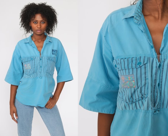 Blue Tropical Shirt 90s PALM TREE Shirt Hawaiian Distressed SURFER Button Up Shirt 1990s Summer Top Striped Beach Sea Medium Large
