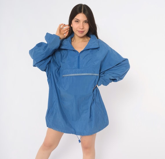 90s Blue Anorak Windbreaker Half Zip Jacket Kangaroo Pocket Hooded Gorpcore Outdoor Trail Rain Shell Mens Womens Long Sleeve Extra Large XL