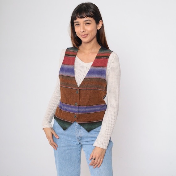 90s Striped Southwest Vest Brown Boho Print Hippie Southwestern Vest V Neck 1990s Bohemian Button Up Vintage Waistcoat Purple Red Medium