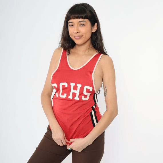 Vintage 70s Red Sports Tank Top ECHS Track Uniform Athletic Sleeveless Shirt Scoop Neck 1970s Sportswear Striped Sporty Low Armhole Small S