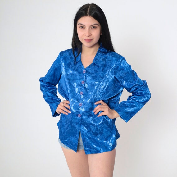 Satin Floral Shirt 90s Embossed Blue Long Sleeve Blouse Princess Seam Silky Shirt Button Up 1990s Vintage Top Large L