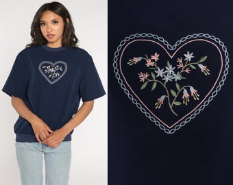 Floral Heart Shirt 90s Navy Blue Embroidered Blouse Flower T-Shirt Short Sleeve Top Retro Girly Cute Summer Blouse Vintage 1990s Large L