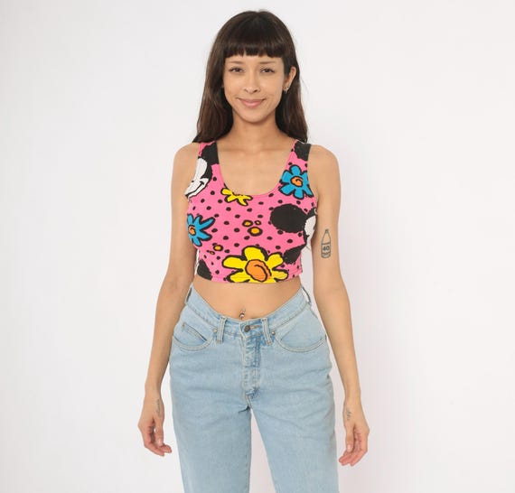 Mickey Mouse Crop Top 90s Disney Pink Floral Tank Polka Dot Sleeveless Cotton Flower Power Cartoon Colorful Summer Fitted Tee Small S