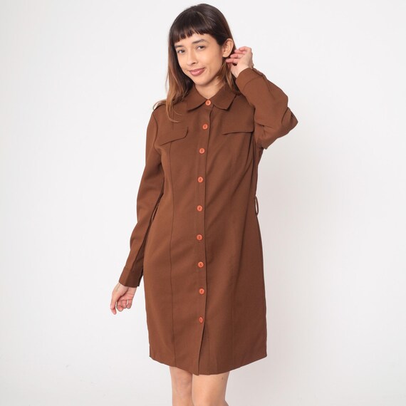 80s Chocolate Brown Dress Long Sleeve Collar Chest Pockets Knee Length Vintage Classic Work Office Corporate Dark Academia Style Medium M