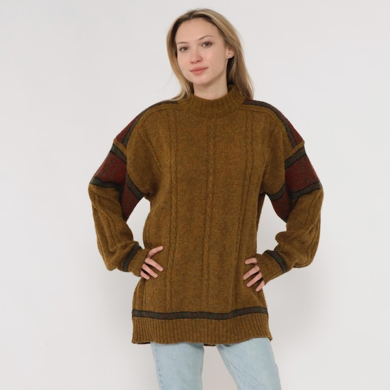 Colorblock Wool Sweater 90s Cable Knit Mustard Brown Burgundy Forest Green Grunge Pullover Earth Tones Fall Vintage Grandpacore Large L
