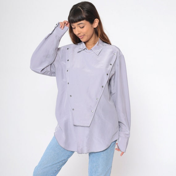Pearl Snap Chef's Jacket 90s Grey Double Breasted Utility Workwear Western Shirt Button Up Long Sleeve Plain Vintage 1990s Extra Large xl