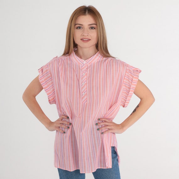 Pink Striped Shirt 80s 90s Half Button Up Blouse Cuffed Cap Sleeve Top High Neck Retro Summer Orange Purple White Vintage Extra Large xl