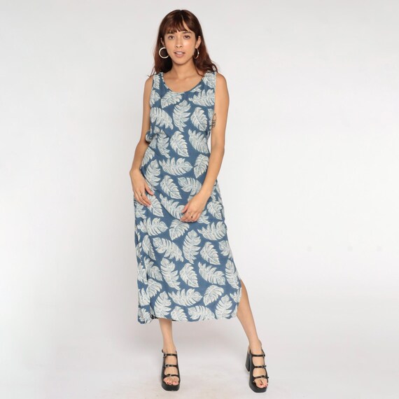 Vintage Blue Summer Dress 90s Tropical Midi Sundress Botanical Leaf Print Day Sun Bohemian Sleeveless 1990s Scoop Neck Side Slit Medium M