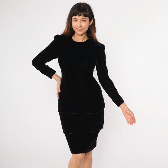 Vintage Velvet Mini Dress 80s Formal Party Long Puff Sleeve Tiered Skirt Evening Gothic Sheath 1980s Cocktail Small 6
