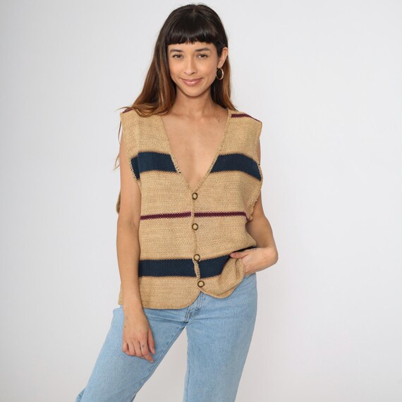 Vintage Striped Knit Vest 90s Tan Knit Grunge Top Button Up Sleeveless Sweater 1990s Navy Blue Retro V Neck Cotton Ramie Men's Large