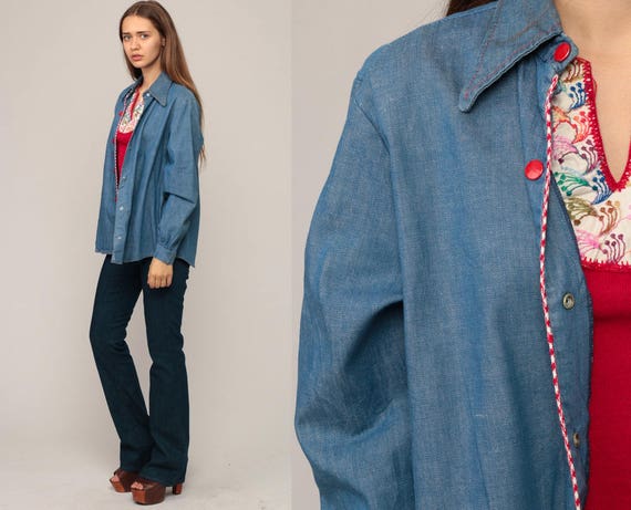 Denim Shirt 70s Blue Jean Button Up Denim Boyfriend Shirt Boho 1970s Long Sleeve Vintage Hipster Boho Normcore Retro Large