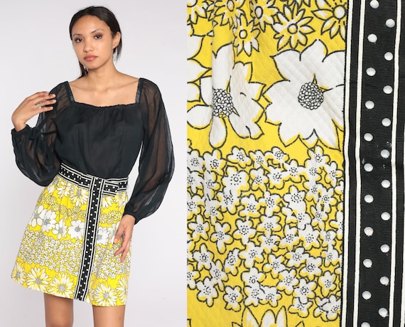 Balloon Sleeve Mini Dress 60s 70s Black Yellow Floral Print Mod Dress Retro Long Sheer Sleeve Groovy Hippie Boho Minidress Vintage Small S