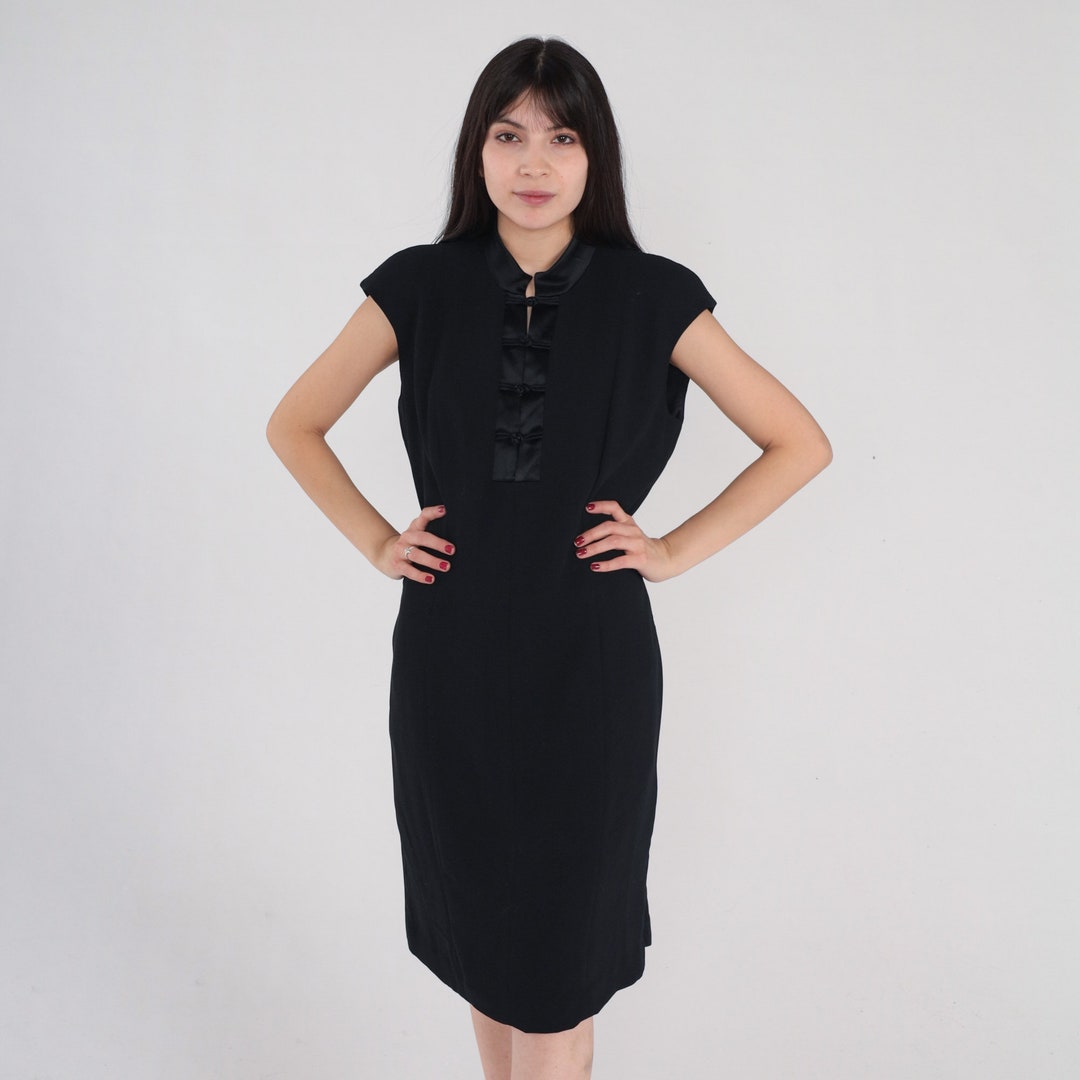 refined black belted sheath dress with mandarin collar Refined Black Belted Sheath Dress with Mandarin Collar