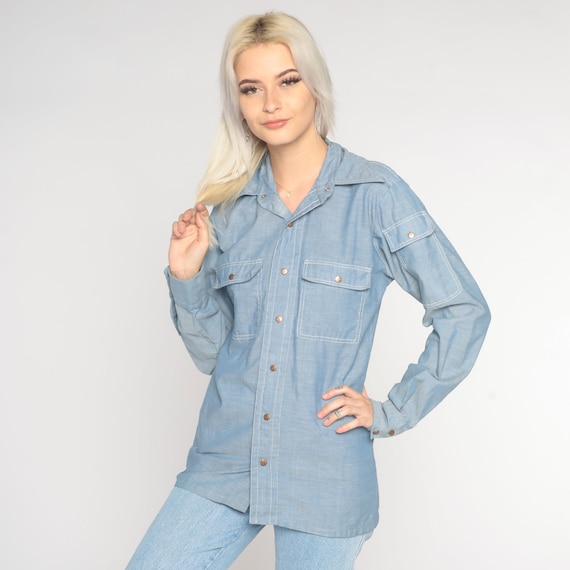 70s Chambray Shirt Bullet Button Western Shirt Retro Blue Snap Up Long Sleeve Collared Cowboy Rodeo Top Seventies Vintage 1970s Mens Small S