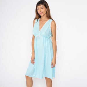 Aqua Blue Slip Dress 70s Nightgown Lingerie Midi Dress Pastel Chemise Deep V Neck Empire Waist Nightie Vintage 1970s Sleeveless Small Medium image 4